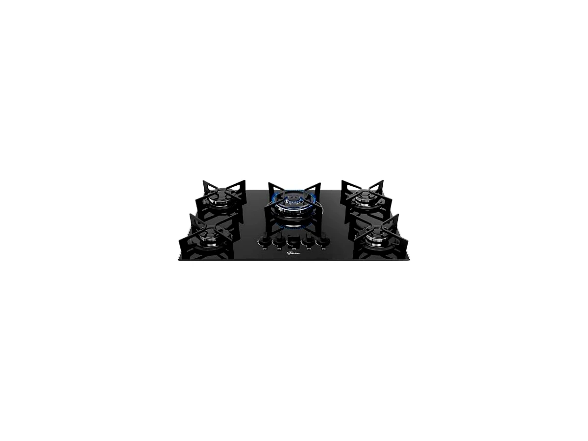Cooktop Fischer 5Q TC Fit Line Tripla Chama Trempe Iron, modelo completo 36340-102674, preto, bivolt — não confundir com o Fit Line 26300-57079 ou com o 26343-57174 sem tripla chama.