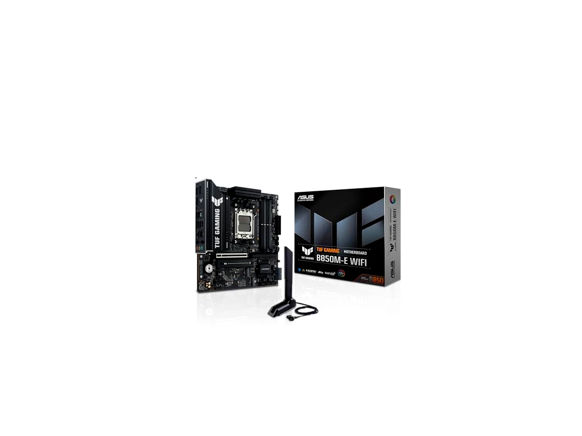 ASUS Placa-mãe TUF B850M-E Gaming Wi-Fi AMD Micro-ATX, 8+2+1 Power Stages, DDR5, PCIe 5.0 Slots, 3 slots M.2, Wi-Fi 6E, Realtek 2.5 Gb Ethernet, USB-C 10 Gbps, BIOS Flashback e Aura Sync