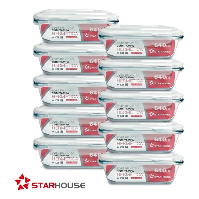 teste Kit 10 Potes Herméticos Starhouse Vidro 640ml